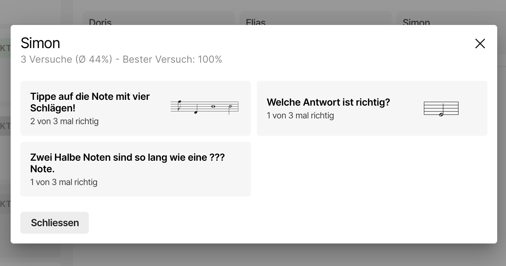 Screenshot der individuellen Schülerauswertung mit richtig und falsch beantworteten Fragen nach Klick auf den Schülernamen