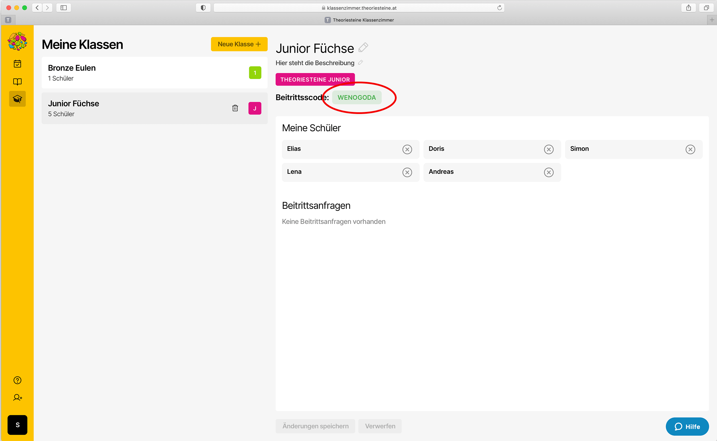 Screenshot der Klasseneinstellungen mit dem Beitrittscode für Schüler