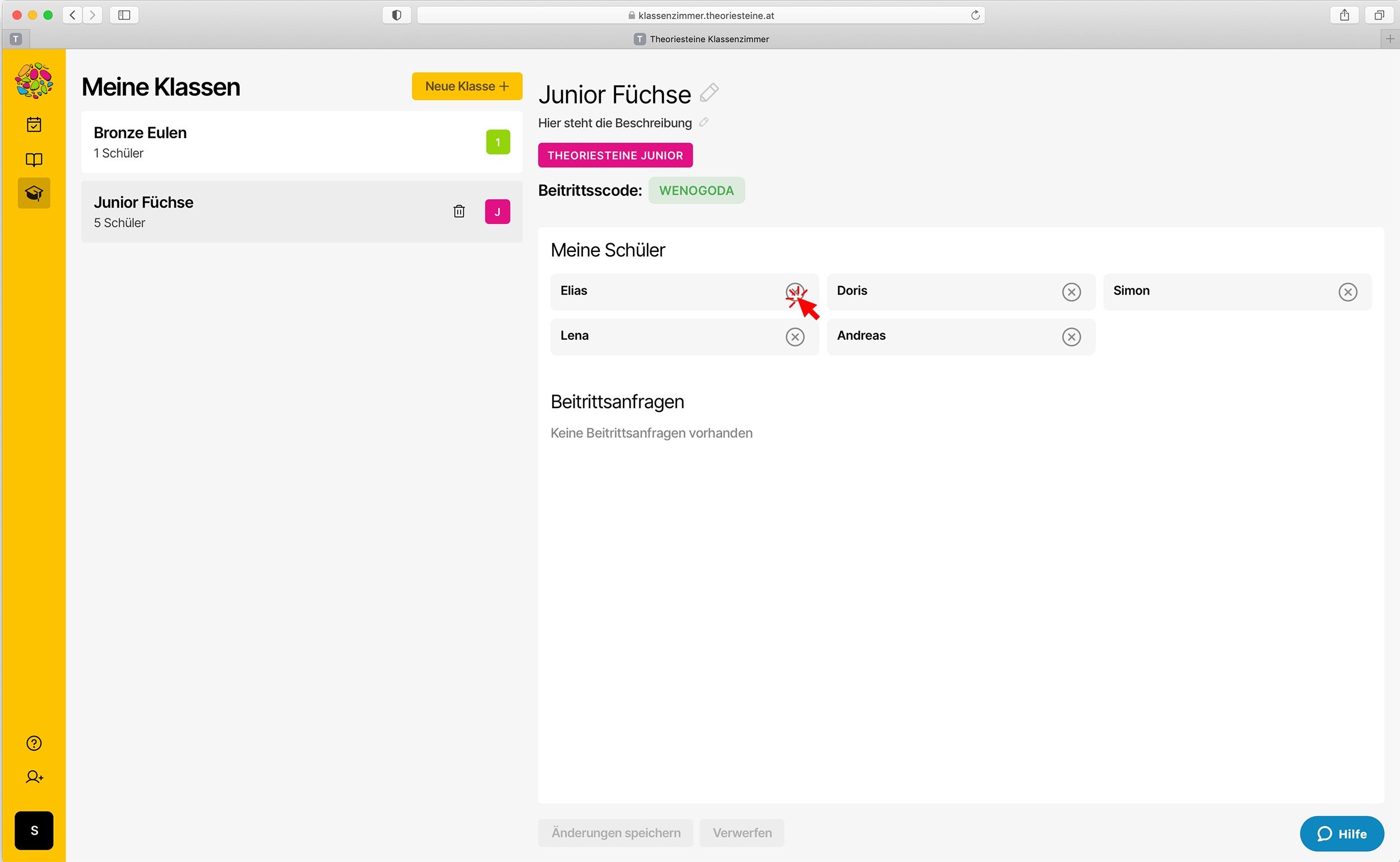Screenshot der Schülerliste einer Klasse mit dem X-Symbol zum Entfernen eines Schülers