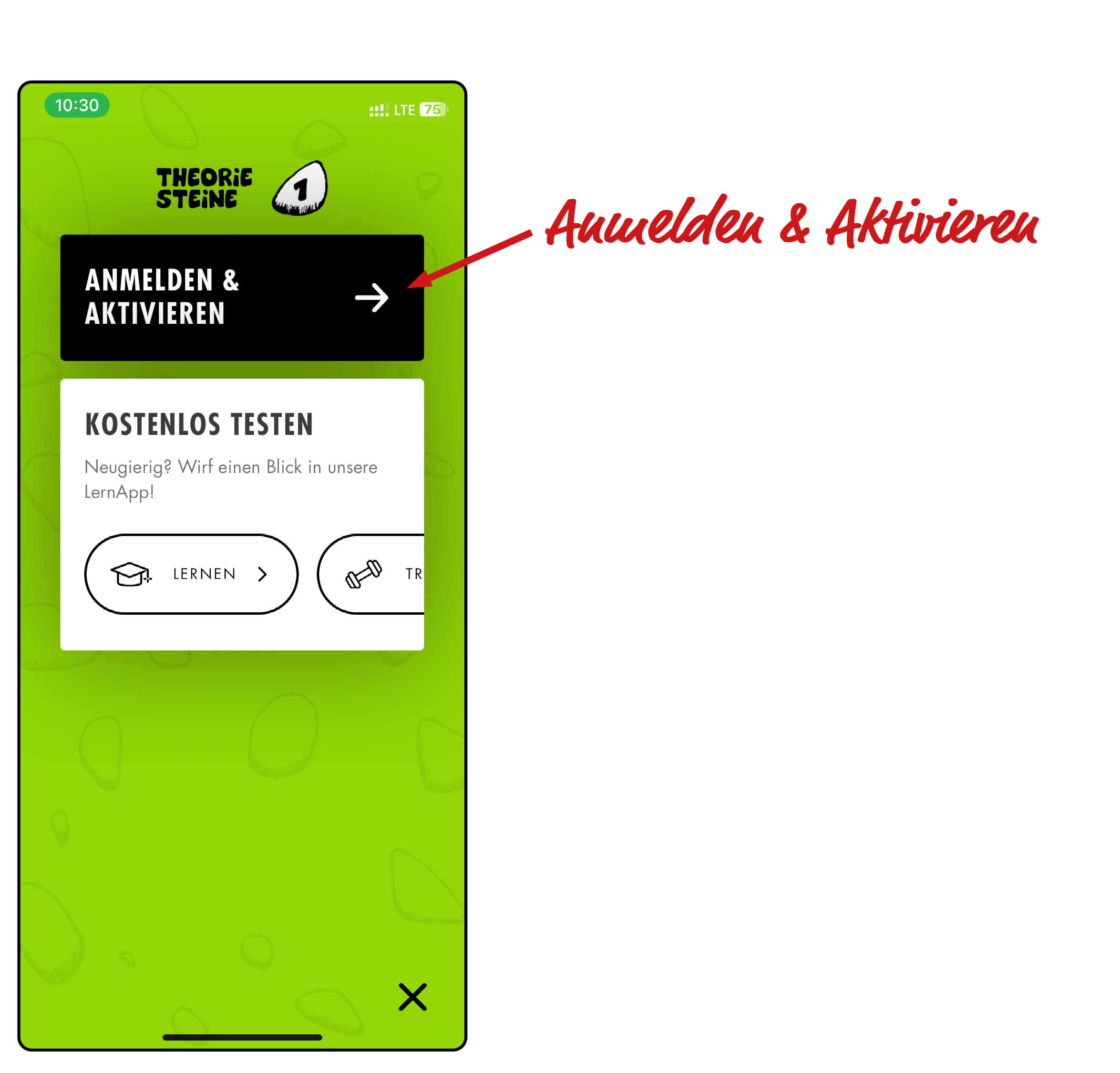 Screenshot des ersten Schritts zur Benutzererstellung in der Theoriesteine App