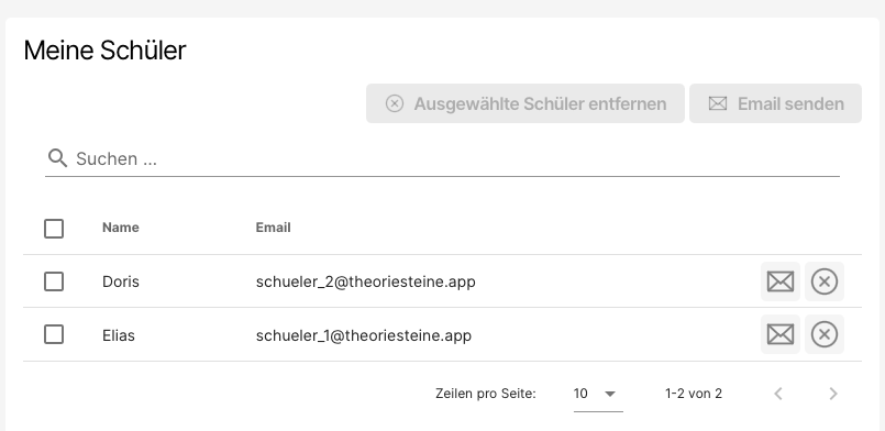 Screenshot der Schulverwaltung mit ausgewählten Schülern einer Klasse
