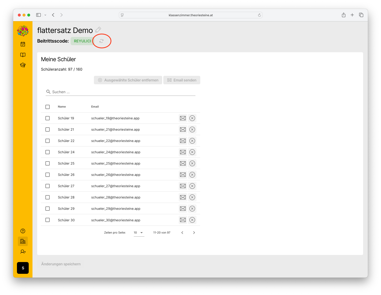 Screenshot der Schulverwaltung mit dem aktuellen Schulcode und der Option, einen neuen zu generieren